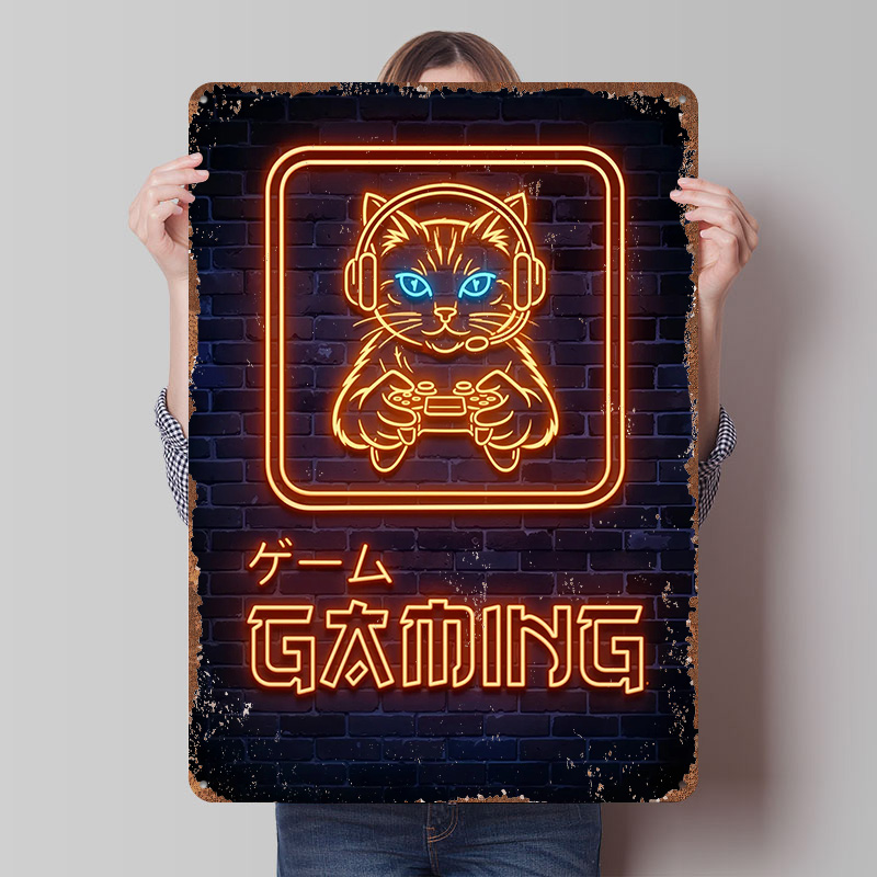 Retro Gaming At Home - Neon Gaming Kat Geprinte Poster Gepersonaliseerde