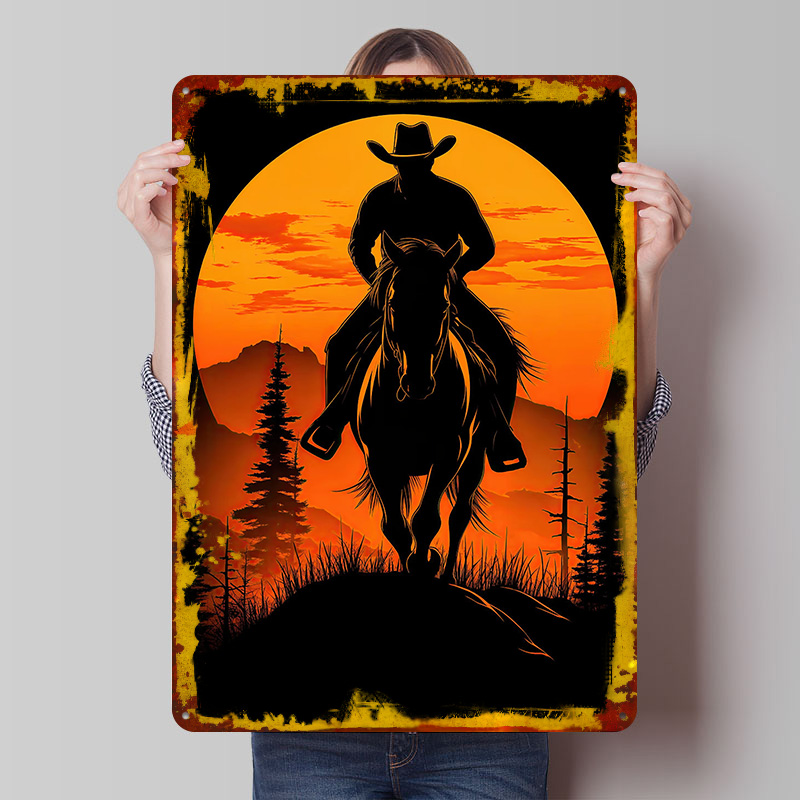 Retro Gaming At Home - Cowboy silhouet zonsondergang metalen poster op