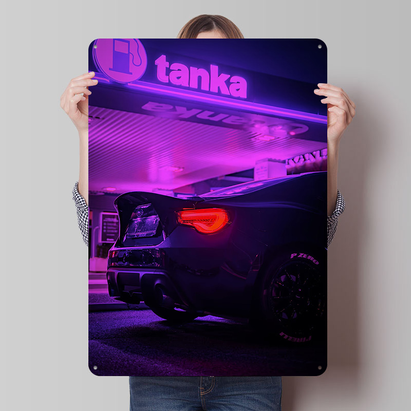 Retro Gaming At Home - Zwarte tankstation auto blikken plaat poster